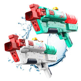 Two water guns, one green and red, the other white and red, with water splashes on a white background.