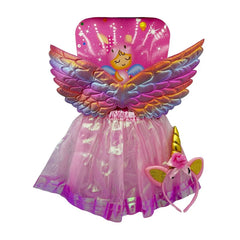 Pink fairy costume with rainbow wings and headband on a white background