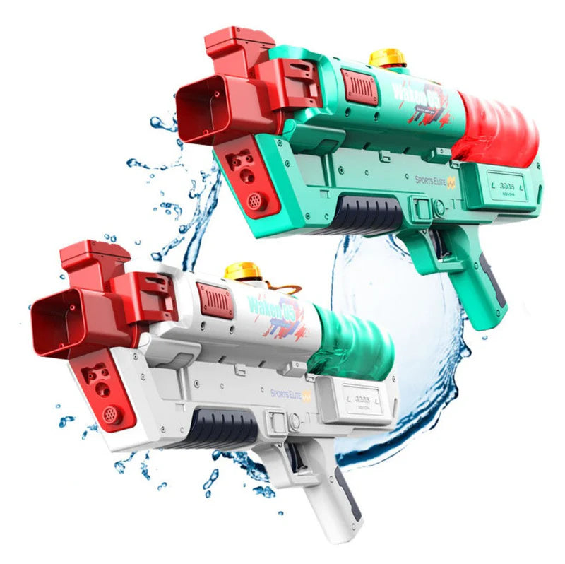 Two water guns, one green and red, the other white and red, with water splashes on a white background.