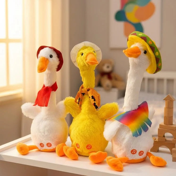 Three colorful stuffed ducks on a table with a bright background