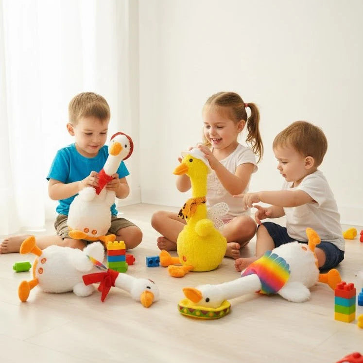 Three children playing with colorful toys on a light wooden floor.