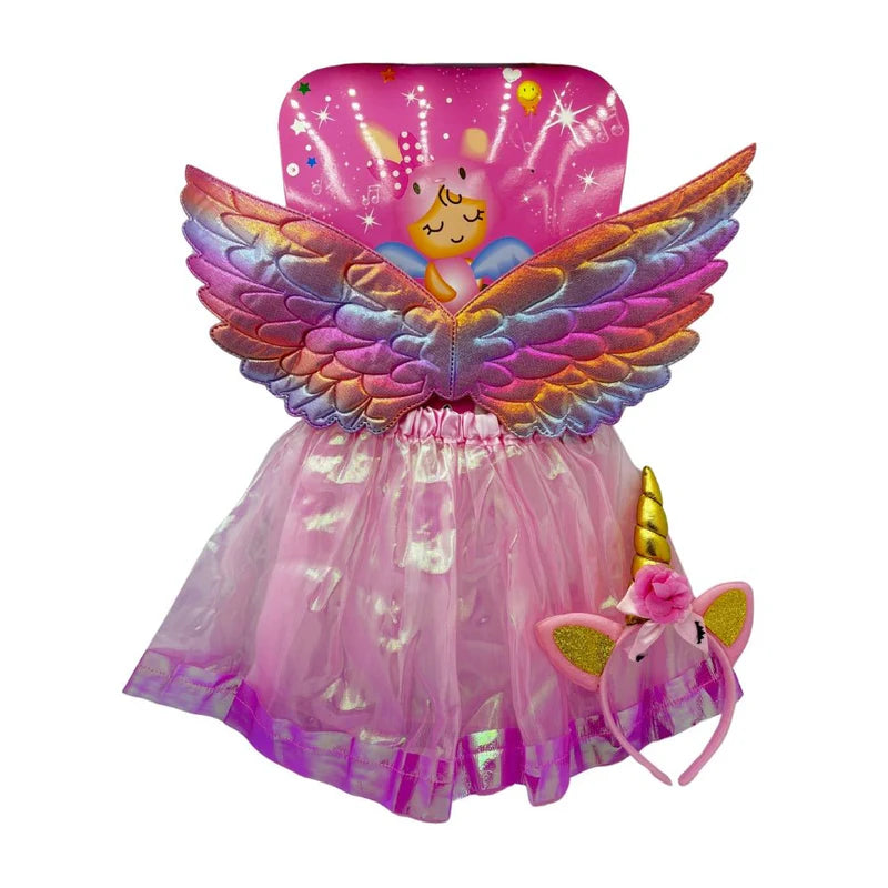 Pink fairy costume with rainbow wings and headband on a white background