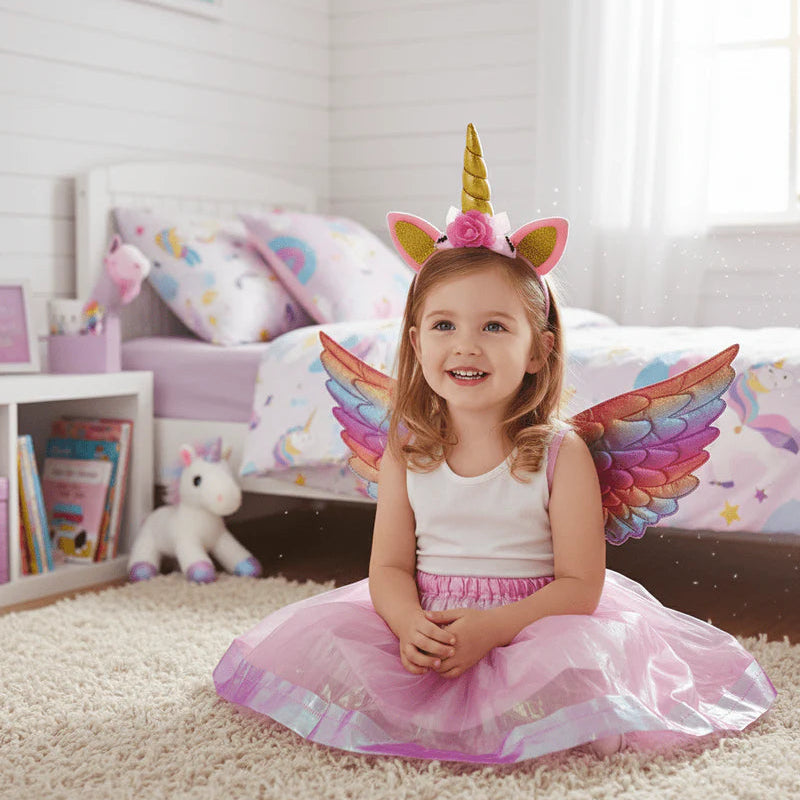Child in unicorn costume with headband and wings in a bedroom setting