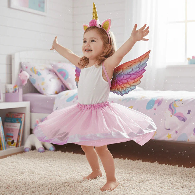 Child in unicorn costume with wings in a bedroom