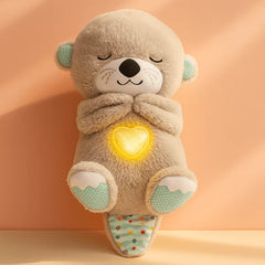 Plush toy bear with a glowing heart on a peach background