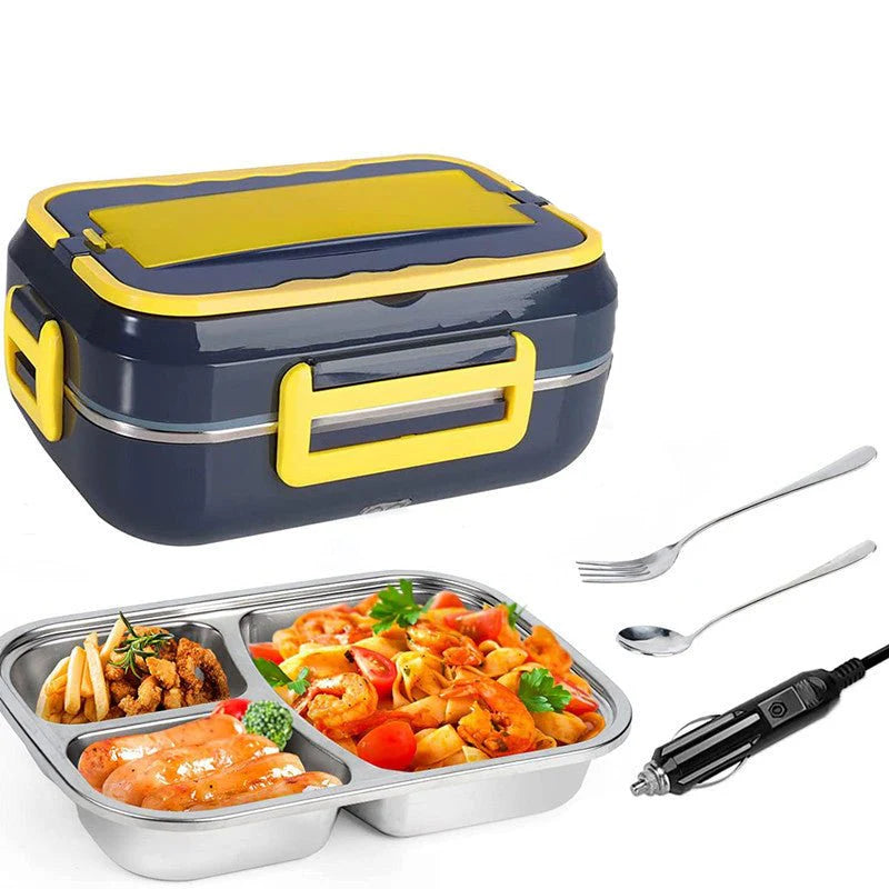 Electric Portable Heated Lunch Box, Food Warmer with 3-Compartment Stainless Steel Tray