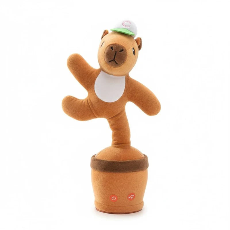 Plush toy resembling a kangaroo with a green hat on a white background